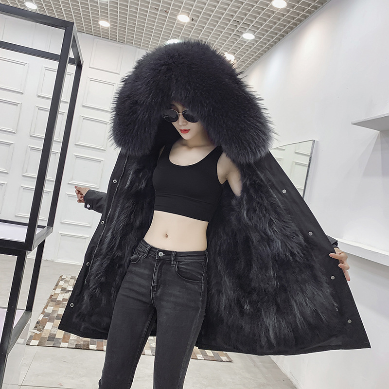 Warm Real Raccoon Fur Overcoat Fashion Women Coat - Black 01