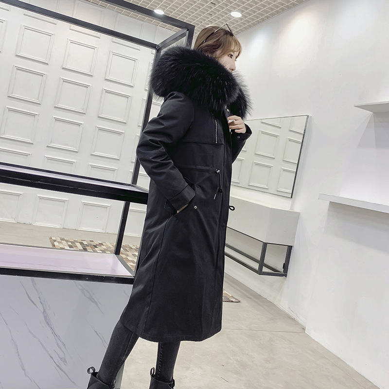 Warm Real Raccoon Fur Overcoat Fashion Women Coat - Black