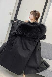 Warm Real Raccoon Fur Overcoat Fashion Women Coat - Black
