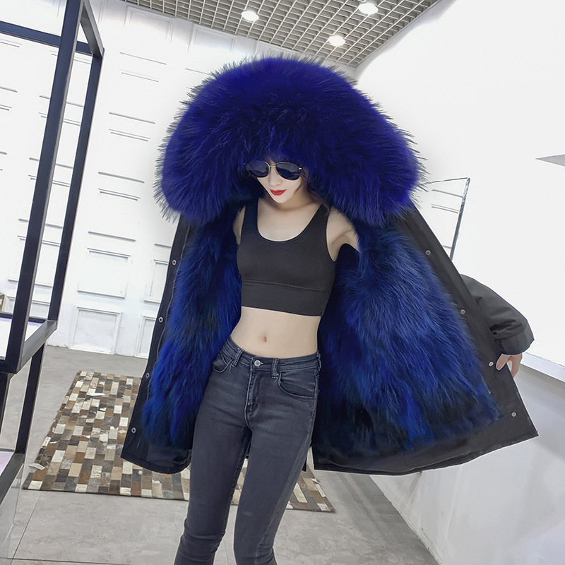 Warm Real Raccoon Fur Overcoat Fashion Women Coat - Blue 01