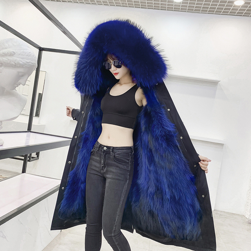 Warm Real Raccoon Fur Overcoat Fashion Women Coat - Blue