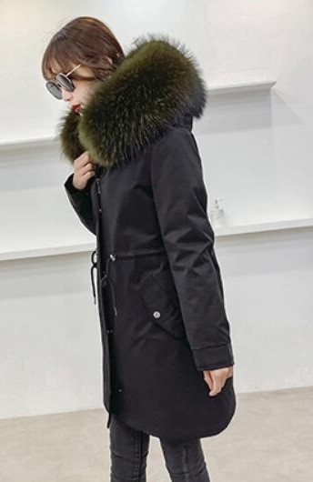 Warm Real Raccoon Fur Overcoat Fashion Women Coat - Green