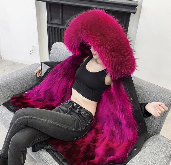 Warm Real Raccoon Fur Overcoat Fashion Women Coat - Rose