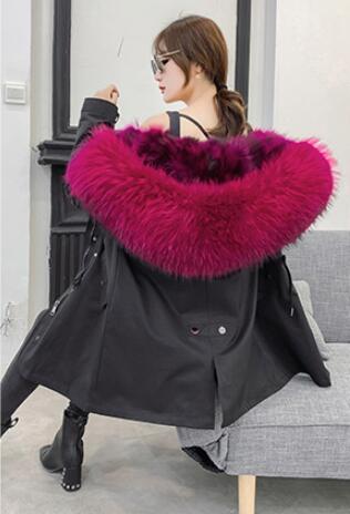 Warm Real Raccoon Fur Overcoat Fashion Women Coat - Rose