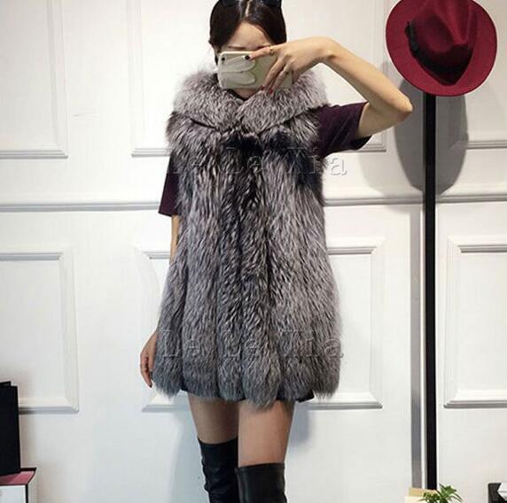 Wholesale Furry Faux Fox Fur Vest Fashion Women Overcoat - Grey