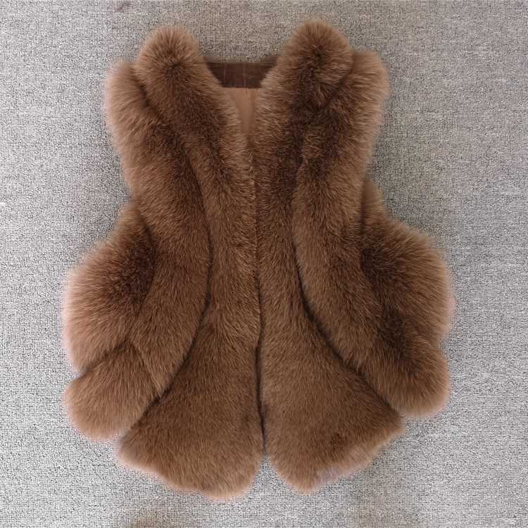 Wholesale Furry Real Fox Fur Vest Fashion Women Overcoat - Brown