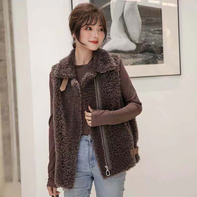 Winter Super Real Lamb Fur Vest Women Overcoat - Coffee