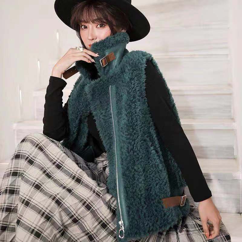 Winter Super Real Lamb Fur Vest Women Overcoat - Green