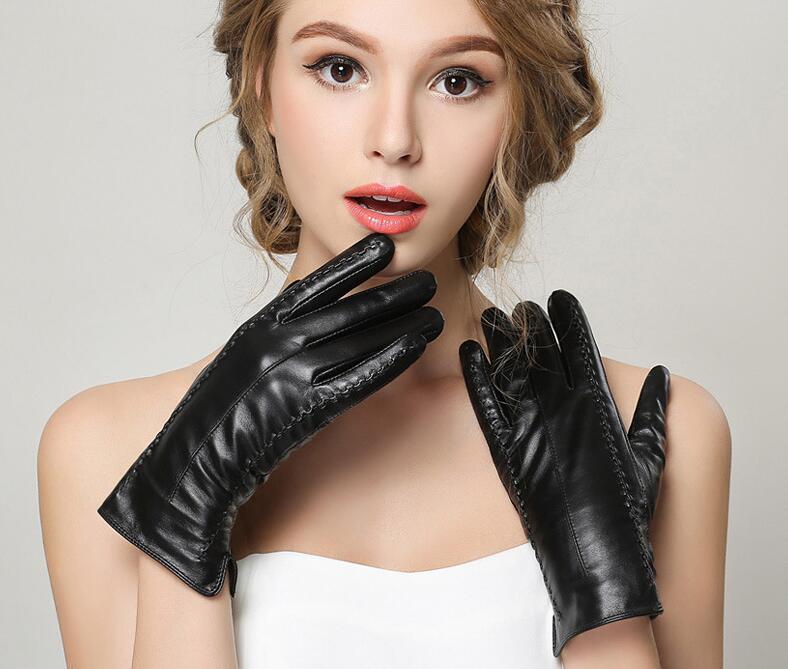 Automobile & Motorcycles Women Long Gloves Genuine Leather Sheepskin Touch Gloves Keep Warm - Black