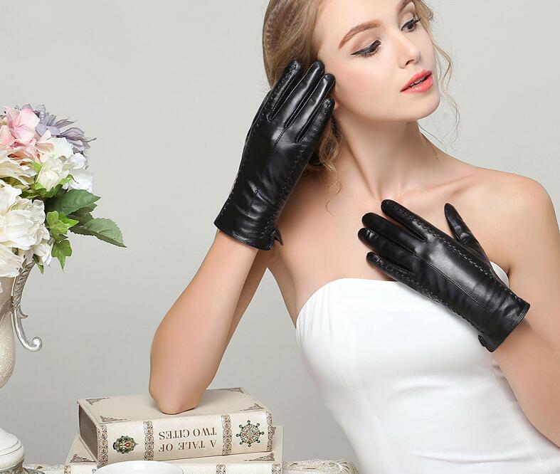 Automobile & Motorcycles Women Long Gloves Genuine Leather Sheepskin Touch Gloves Keep Warm - Black