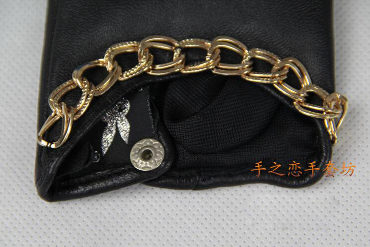 Classic Women Half Palm Button Real Sheepskin Girls Finger Gloves Keep Warm - Black Bling
