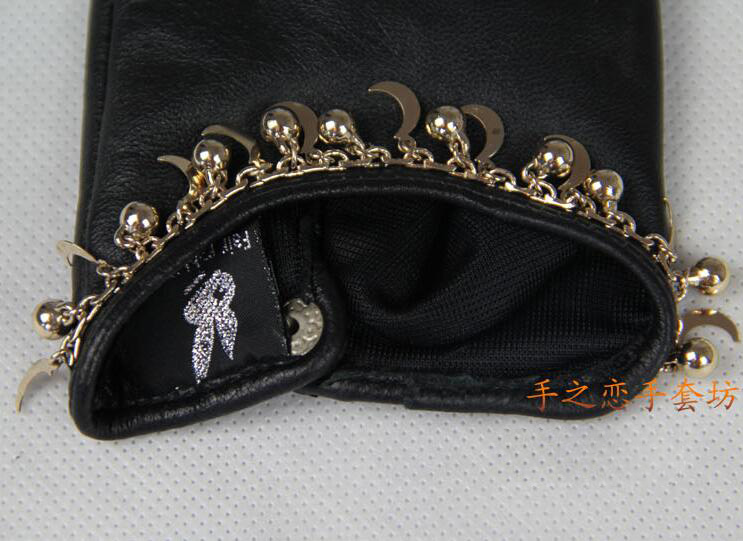 Classic Women Half Palm Button Real Sheepskin Girls Finger Gloves Keep Warm - Black Bling