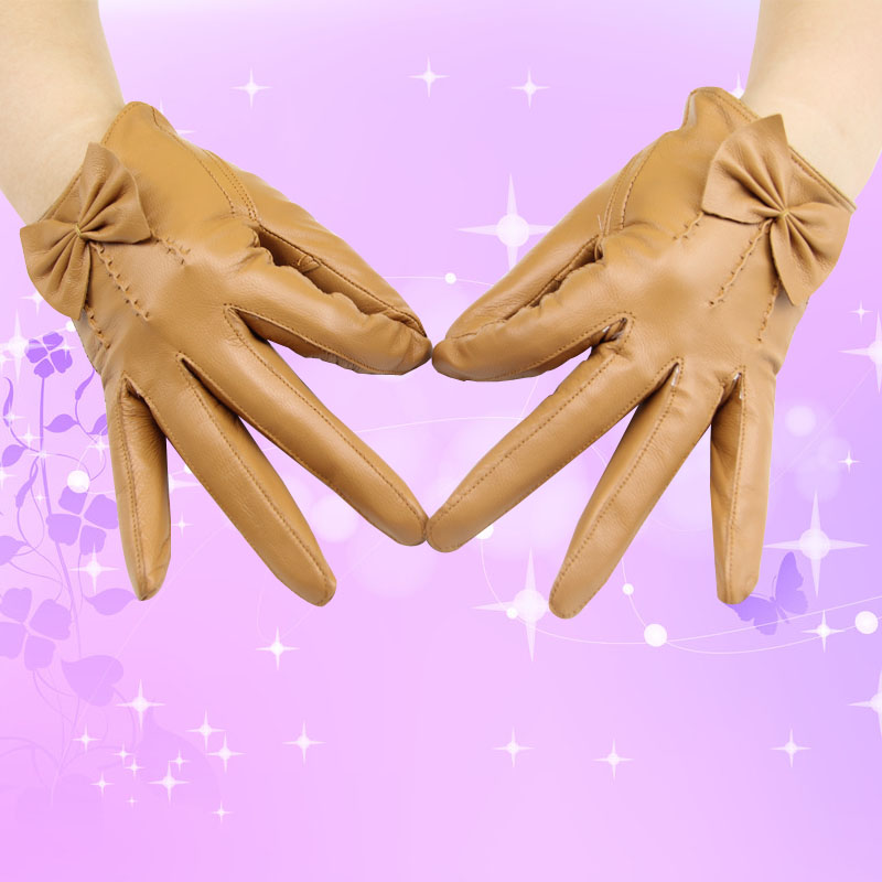 Classic Women Long Bowknot Genuine Leather Sheepskin Winter Gloves Keep Warm - Camel