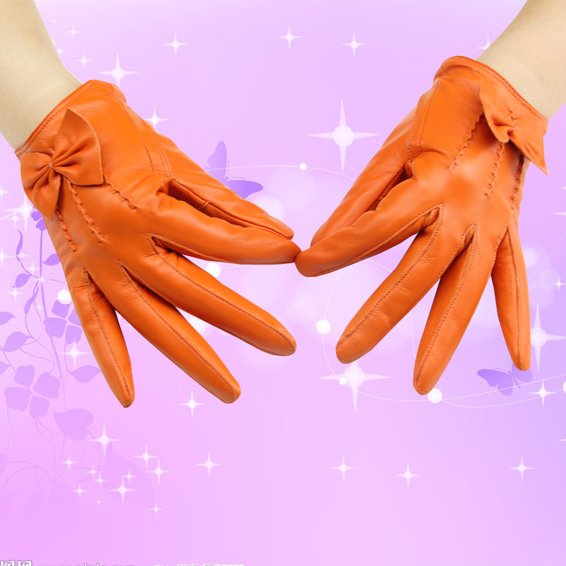 Classic Women Long Bowknot Genuine Leather Sheepskin Winter Gloves Keep Warm - Orange
