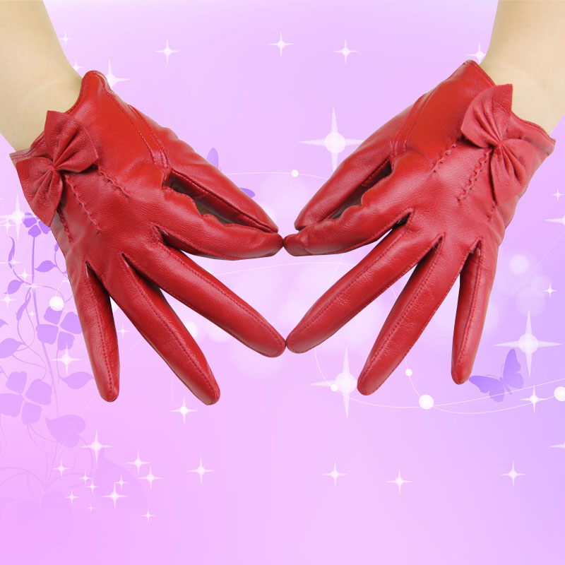 Classic Women Long Bowknot Genuine Leather Sheepskin Winter Gloves Keep Warm - Red