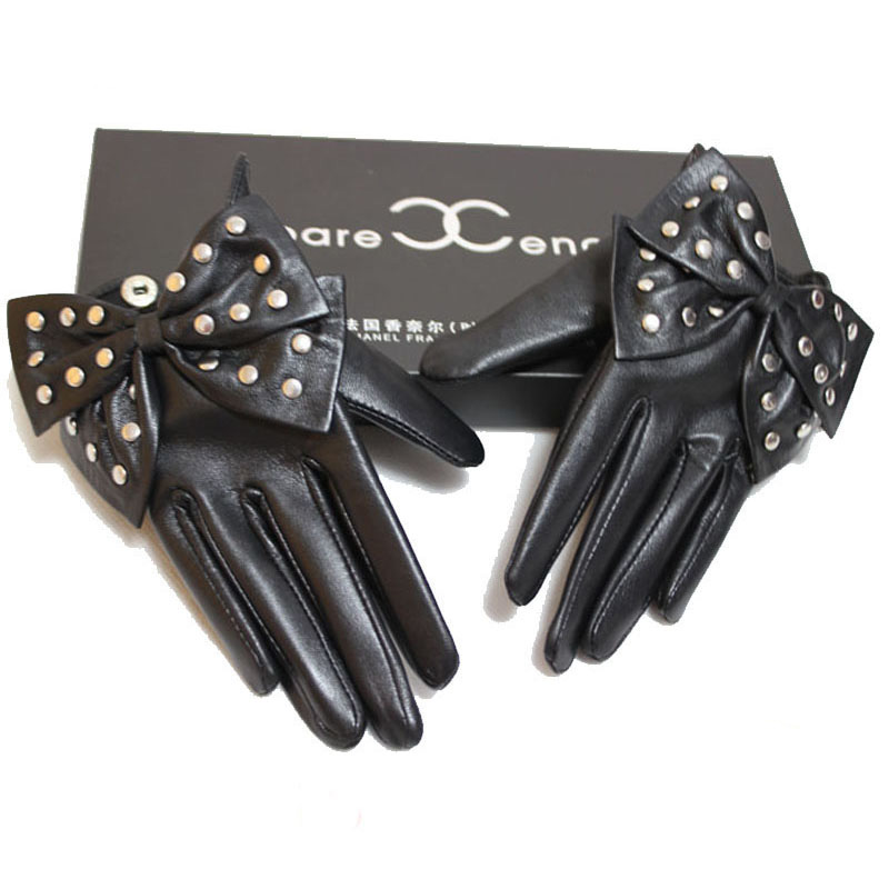 Fashion Women Buckle Bowknot Genuine Leather Sheepskin Finger Gloves Keep Warm - Black