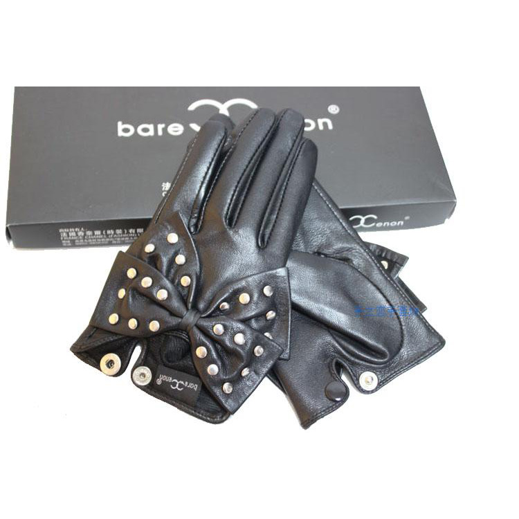 Fashion Women Buckle Bowknot Genuine Leather Sheepskin Finger Gloves Keep Warm - Black