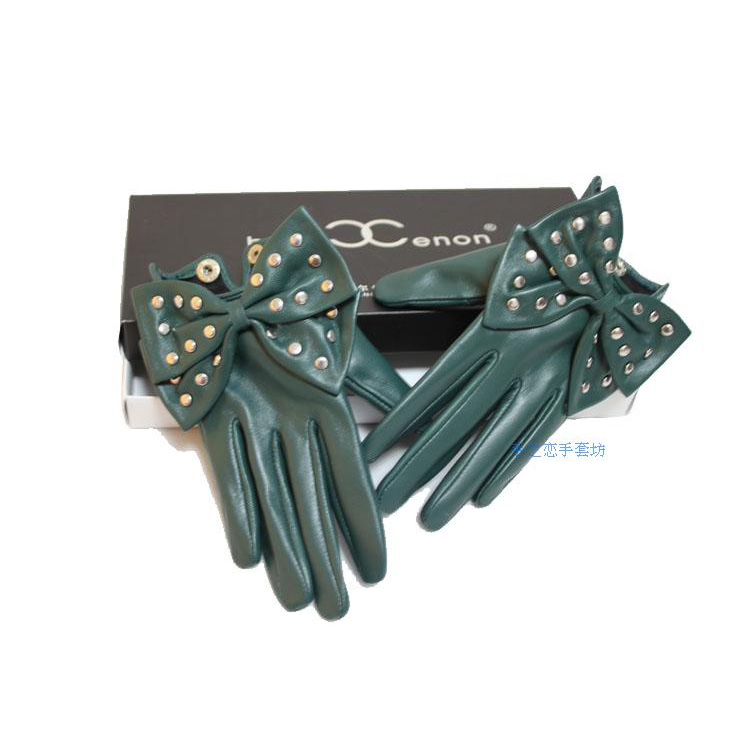 Fashion Women Buckle Bowknot Genuine Leather Sheepskin Finger Gloves Keep Warm - Green
