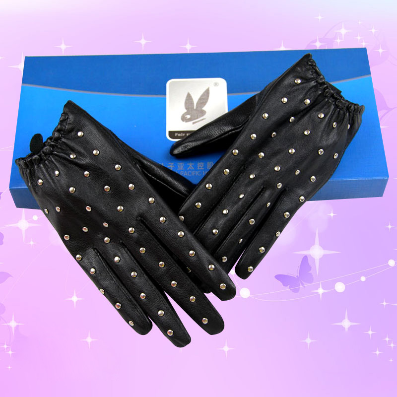 Fashion Women Buckle Rivet Genuine Leather Sheepskin Finger Gloves Keep Warm - Black