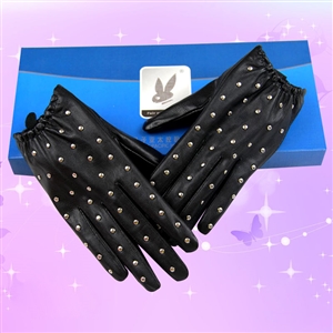 Fashion Women Buckle Rivet Genuine Leather Sheepskin Finger Gloves Keep Warm - Black