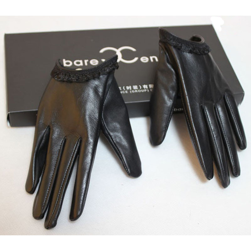 Fashion Women Lace Genuine Leather Sheepskin Finger Gloves Keep Warm - Black Touch
