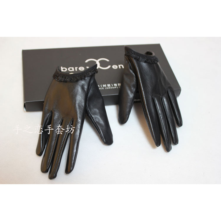 Fashion Women Lace Genuine Leather Sheepskin Finger Gloves Keep Warm - Black