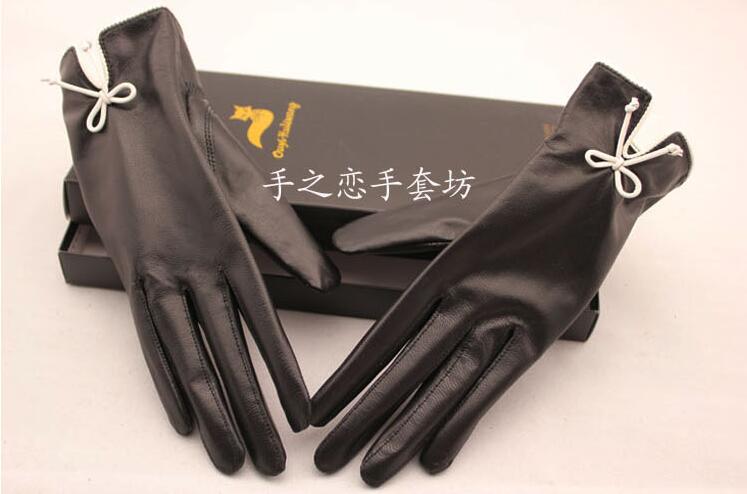 Fashion Women Long Bow Genuine Leather Sheepskin Finger Gloves Keep Warm - Black