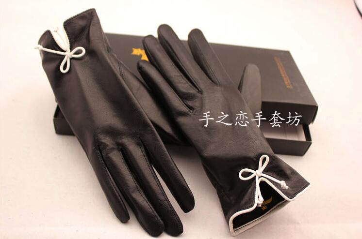 Fashion Women Long Bow Genuine Leather Sheepskin Finger Gloves Keep Warm - Black