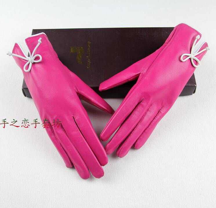 Fashion Women Long Bow Genuine Leather Sheepskin Finger Gloves Keep Warm - Pink
