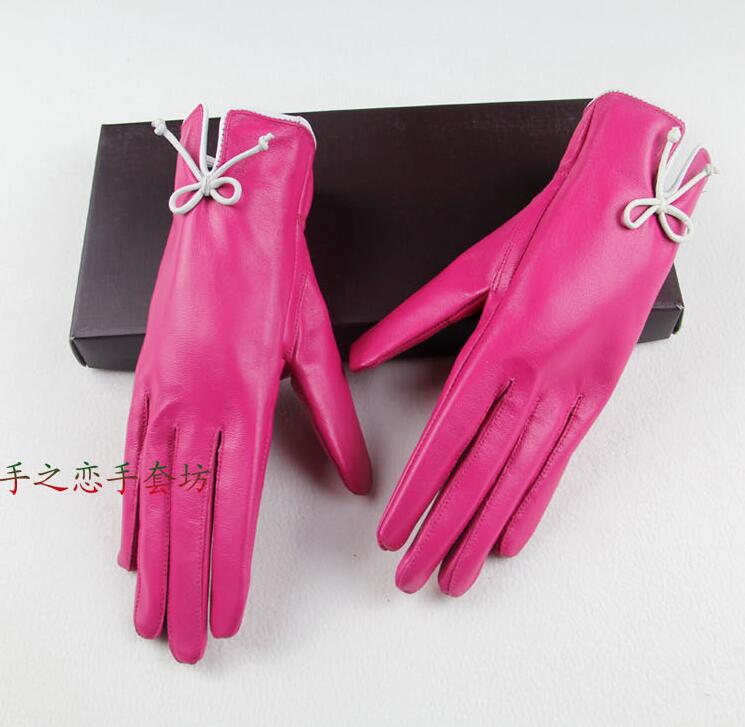 Fashion Women Long Bow Genuine Leather Sheepskin Finger Gloves Keep Warm - Pink