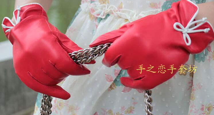 Fashion Women Long Bow Genuine Leather Sheepskin Finger Gloves Keep Warm - Red