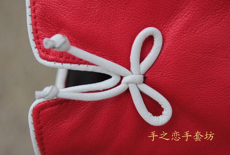Fashion Women Long Bow Genuine Leather Sheepskin Finger Gloves Keep Warm - Red
