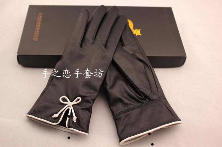 Fashion Women Long Bow Genuine Leather Sheepskin Finger Gloves Keep Warm - Red