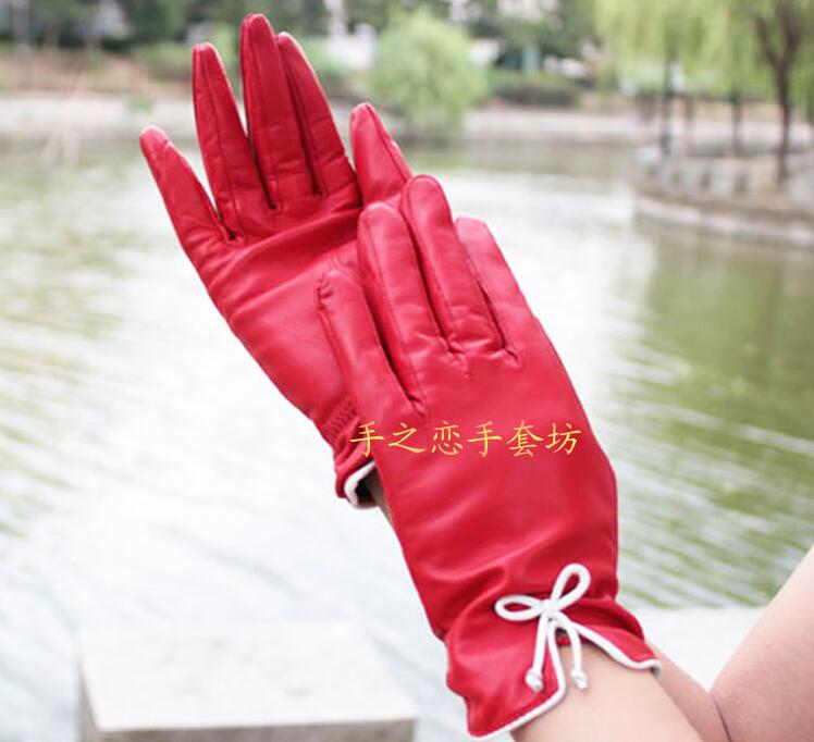 Fashion Women Long Bow Genuine Leather Sheepskin Finger Gloves Keep Warm - Red