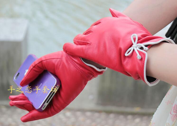 Fashion Women Long Bow Genuine Leather Sheepskin Finger Gloves Keep Warm - Red