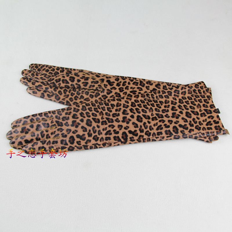 Fashion Women Long Leopard Print Genuine Leather Sheepskin Finger Gloves Keep Warm - 40CM