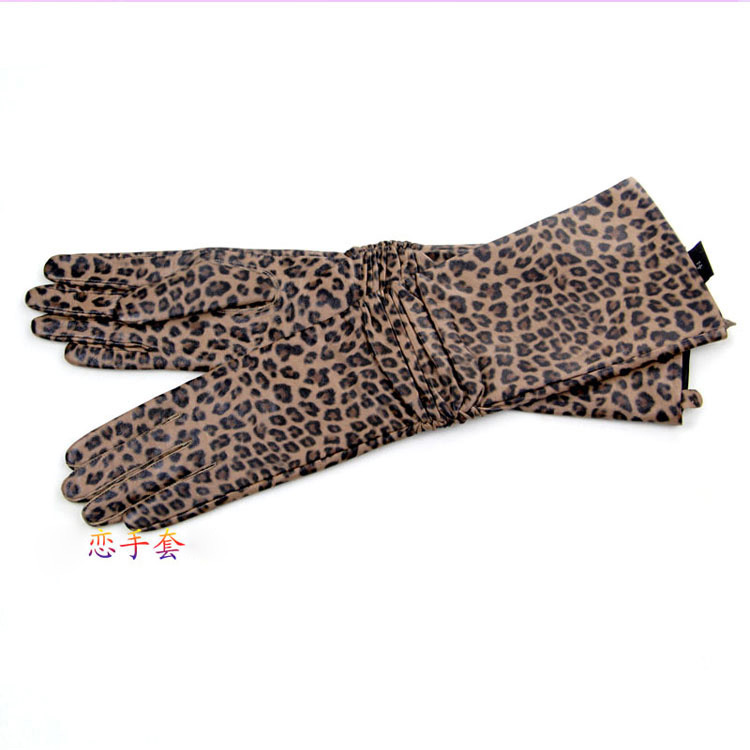 Fashion Women Long Leopard Print Genuine Leather Sheepskin Finger Gloves Keep Warm - 50CM