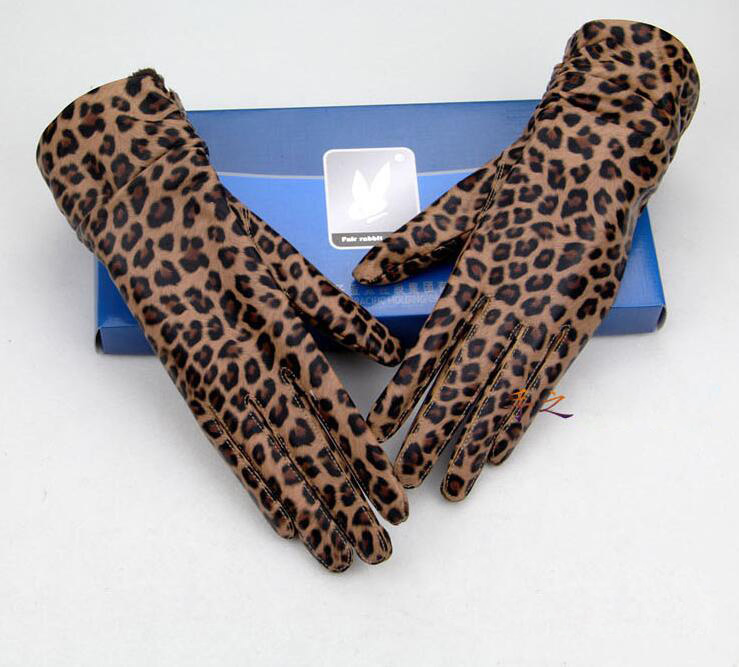 Fashion Women Long Leopard Print Genuine Leather Sheepskin Finger Gloves Keep Warm - 30CM
