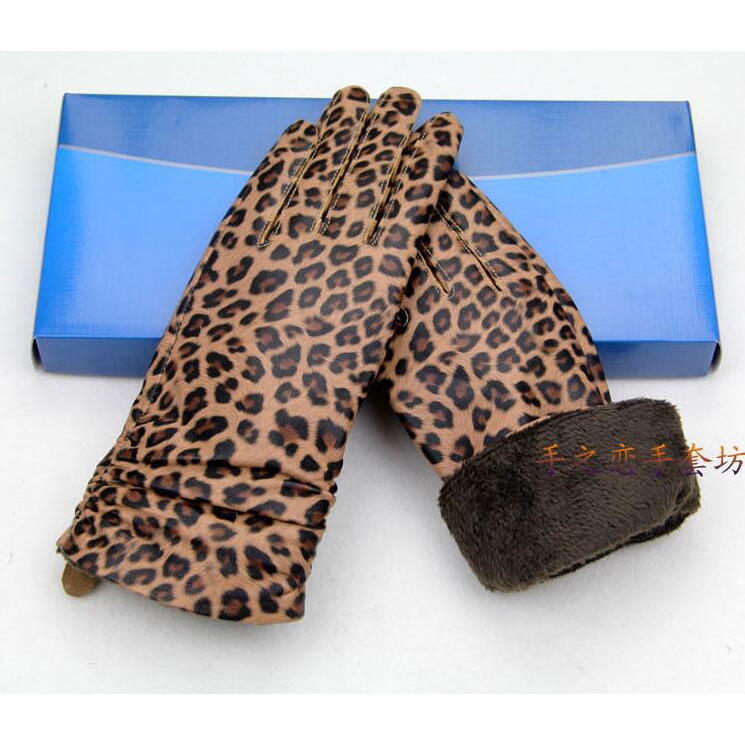 Fashion Women Long Leopard Print Genuine Leather Sheepskin Finger Gloves Keep Warm - 30CM