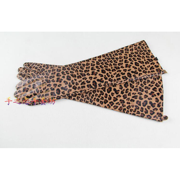 Fashion Women Long Leopard Print Genuine Leather Sheepskin Finger Gloves Keep Warm - 30CM