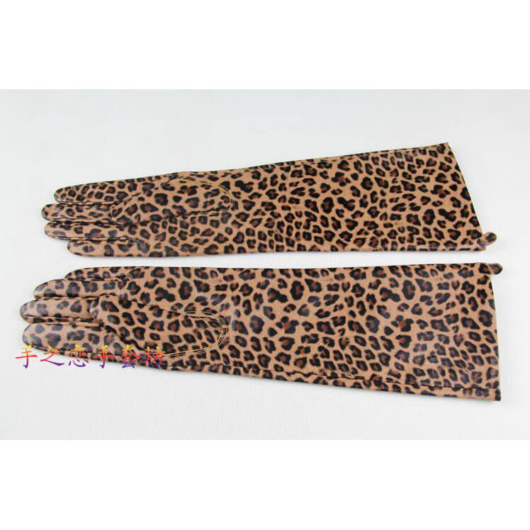 Fashion Women Long Leopard Print Genuine Leather Sheepskin Finger Gloves Keep Warm - 30CM