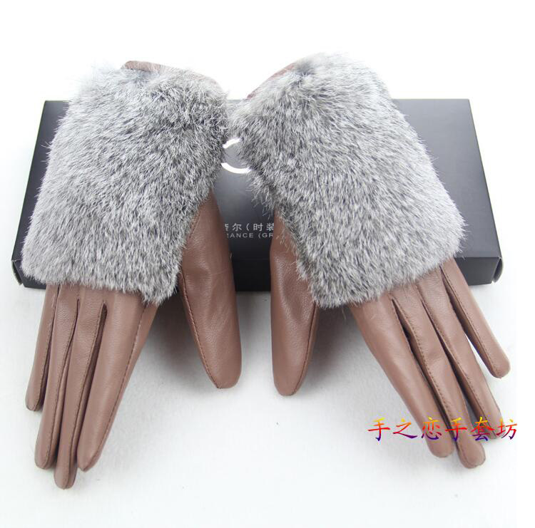 Fashion Women Long Rabbit Fur Genuine Leather Sheepskin Finger Gloves Keep Warm - Beige