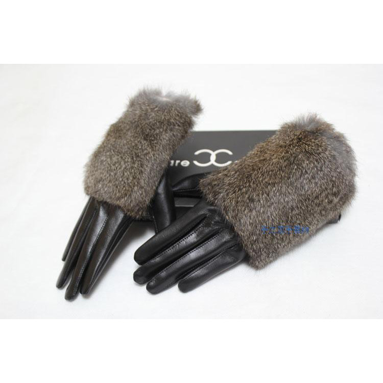 Fashion Women Long Rabbit Fur Genuine Leather Sheepskin Finger Gloves Keep Warm - Black Senior