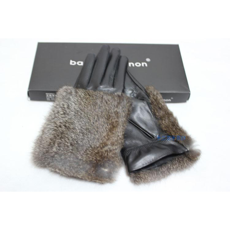 Fashion Women Long Rabbit Fur Genuine Leather Sheepskin Finger Gloves Keep Warm - Black Senior