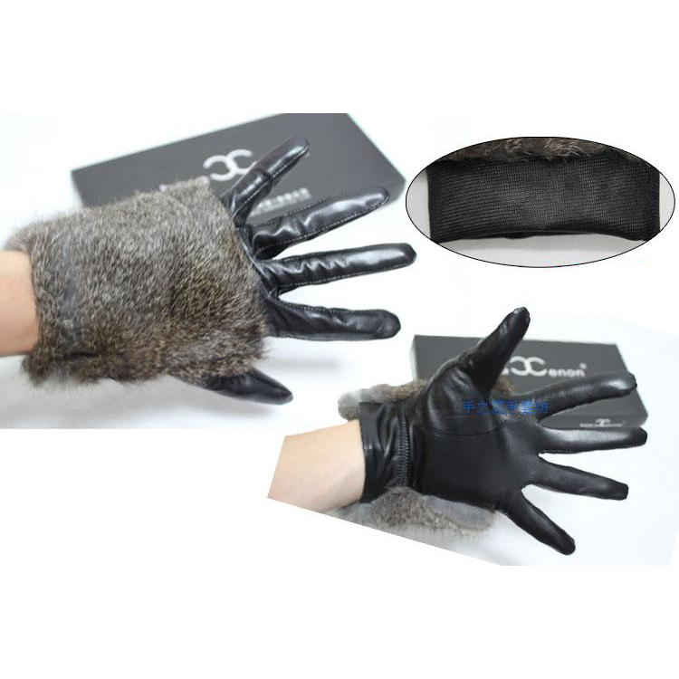 Fashion Women Long Rabbit Fur Genuine Leather Sheepskin Finger Gloves Keep Warm - Black Senior