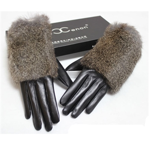 Fashion Women Long Rabbit Fur Genuine Leather Sheepskin Finger Gloves Keep Warm - Black Senior