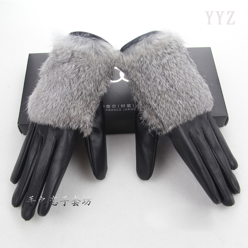Fashion Women Long Rabbit Fur Genuine Leather Sheepskin Finger Gloves Keep Warm - Black