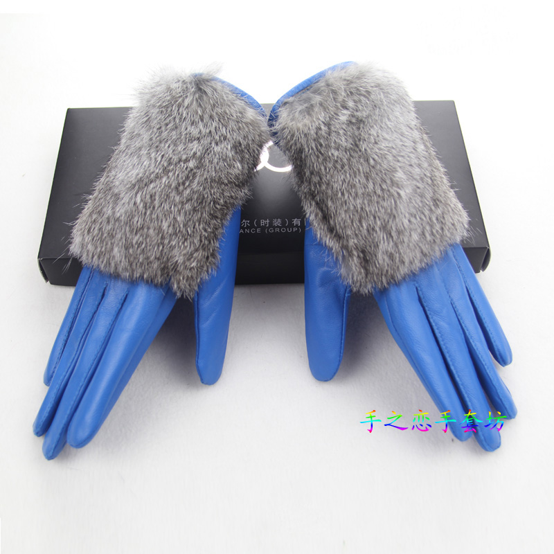 Fashion Women Long Rabbit Fur Genuine Leather Sheepskin Finger Gloves Keep Warm - Blue