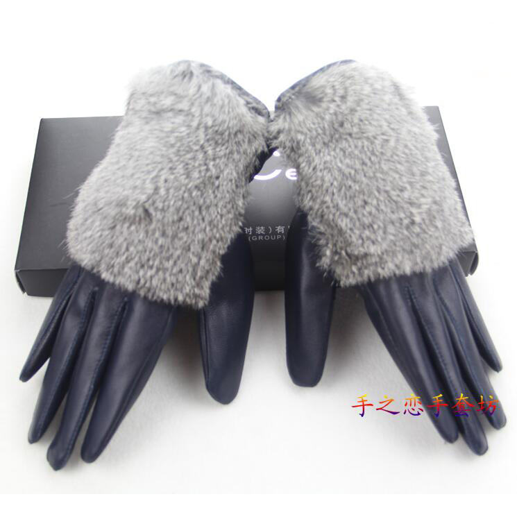 Fashion Women Long Rabbit Fur Genuine Leather Sheepskin Finger Gloves Keep Warm - Dark Blue