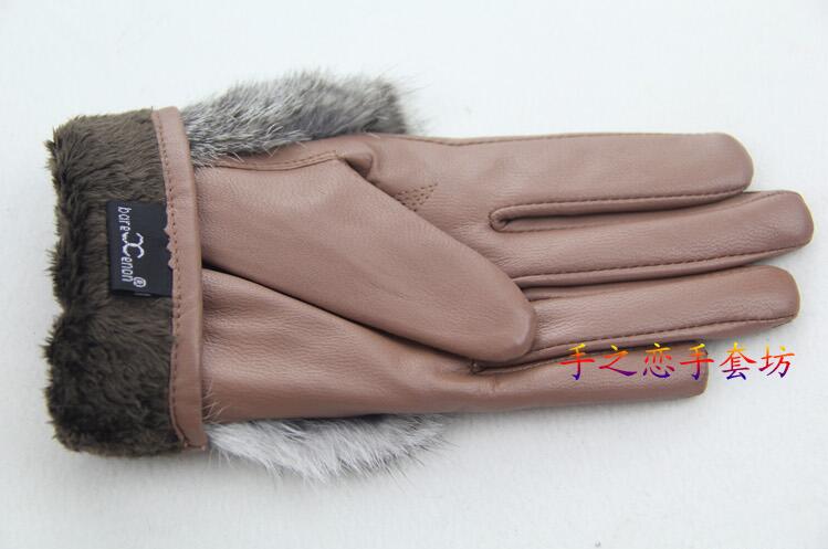 Fashion Women Long Rabbit Fur Genuine Leather Sheepskin Finger Gloves Keep Warm - Dark Blue